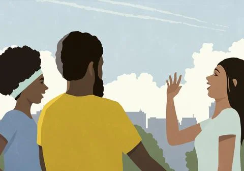 Young friends talking and gesturing in urban park Ilustración de archivo