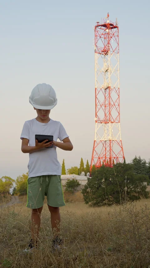 Young Future Engineer with Tablet at Modern Communication Tower Video stock 313990875