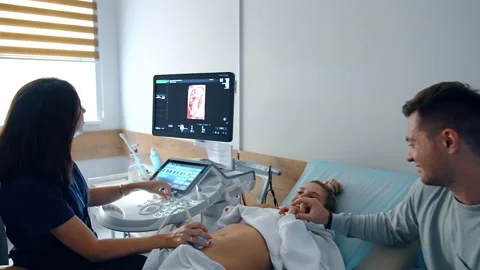 Young future parents are undergoing pregnancy examination. Video stock 239701539