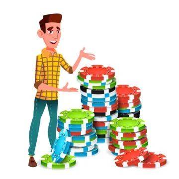 Young Gambler With Huge Stack Of Poker Chips Vector. Isolated Illustration Illustration