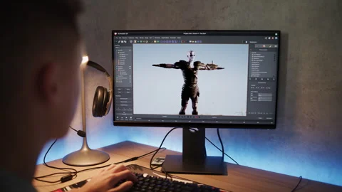 Young game developer creates 3D animation on computer Stock Footage 281925864