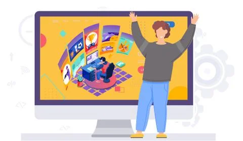 Young gamer in headphones using computer for playing game. Fan rejoices at the Stock Illustration