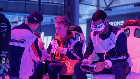 Young gamers get ready for drone race at public drone flight event in Berlin Stock Footage 83127040