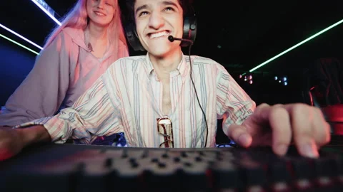 Young Gamers Playing Together in Modern Computer Club Stock Footage 342132789