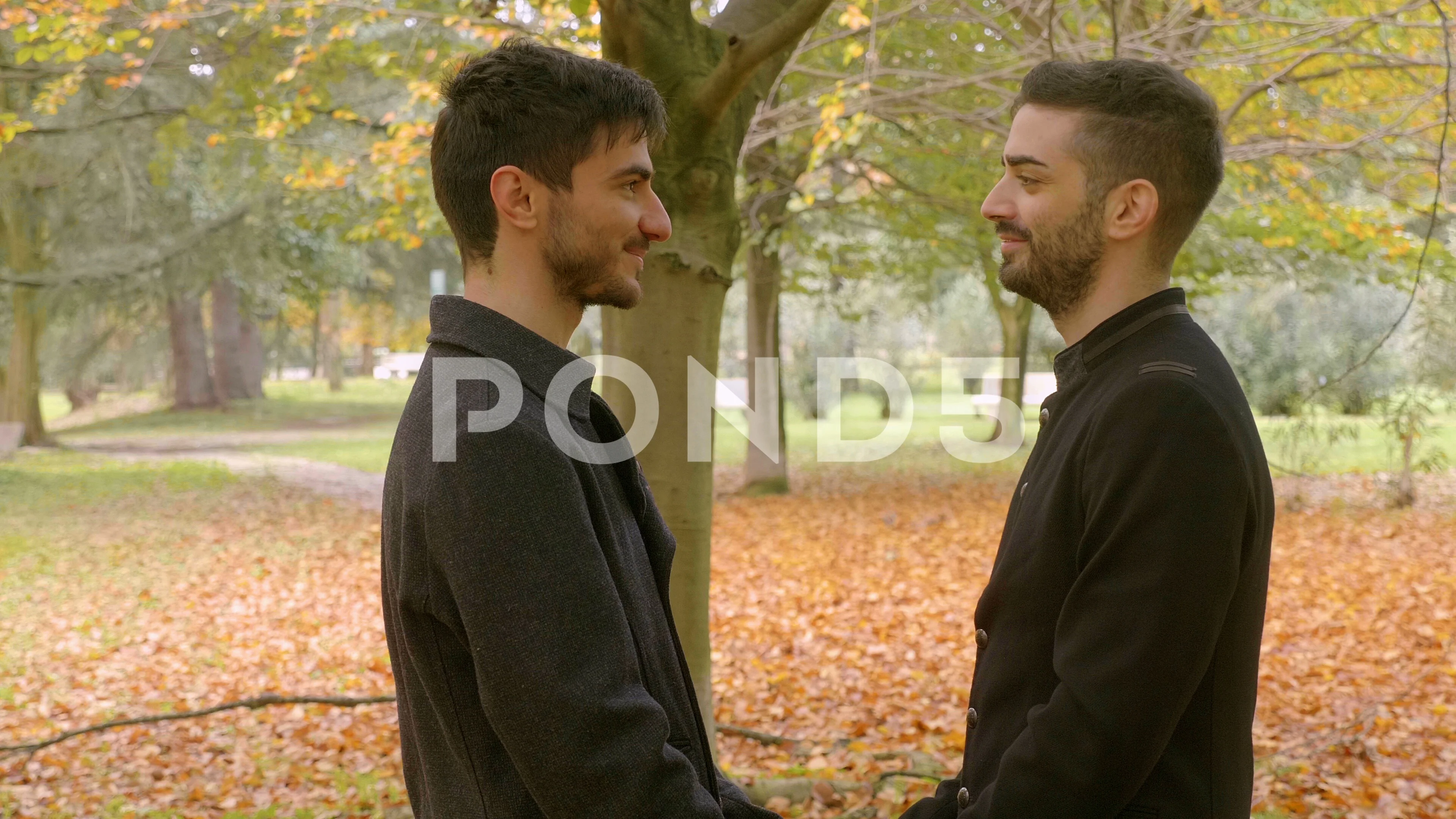 young gay couple looking at each other and embracing at park