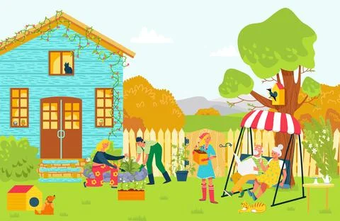 Young generation help to elderly couple, lovely romantic family backyard party Ilustración de archivo