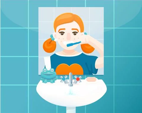 Young girl in bathroom is brushing her teeth. Stock Illustration