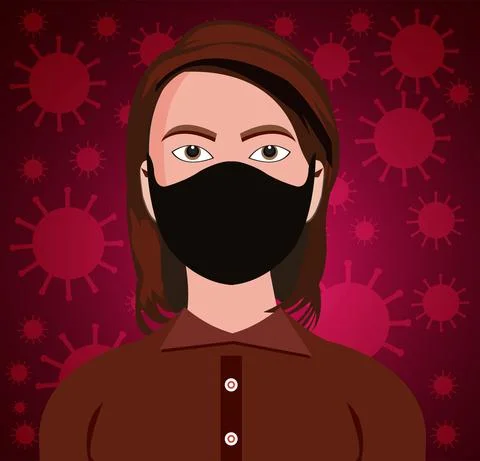Young girl in a black mask isolated on a coronavirus red background. Stock Illustration