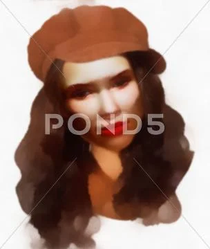 Young girl with brown hat portrait painting Stock Illustration