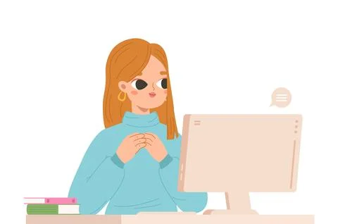 Young girl chatting on computer. Thinking adult woman, student online studying Stock Illustration