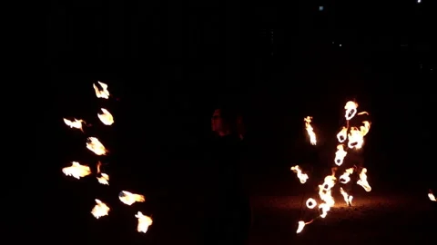 A young girl dancing with fire. Fire show, artist. Stock Footage 246205034