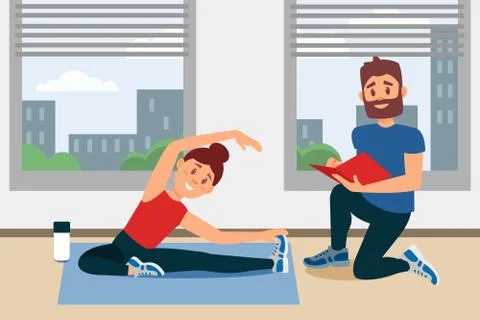 Young girl doing exercise sitting on floor. Coach writing notes in folder Stock Illustration