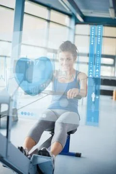 Young girl doing rowing machine with futuristic interface Stock Illustration