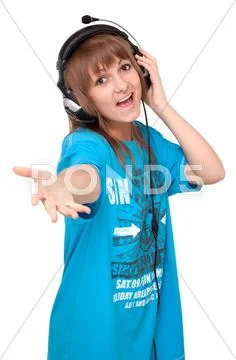 Young girl in earphone sings Stock Photos