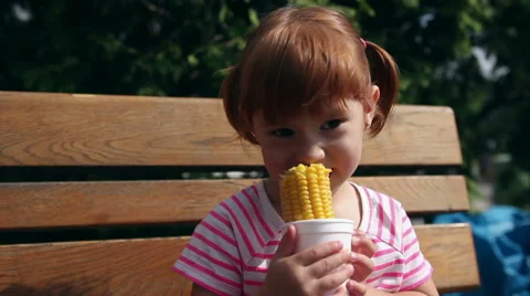 A young girl eats corn off of the cob Stock Footage 66460726