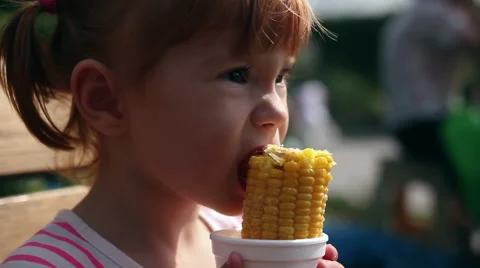 A young girl eats corn off of the cob Stock Footage 66461282