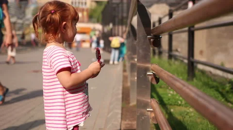 A young girl eats corn off of the cob and watching the animals at the zoo Stock Footage 66475396