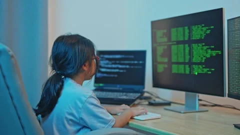 Young girl engages with computer code while programming at home, surrounded.. Stock Footage 319823386