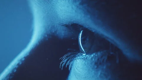 Young girl eye closeup loop. Blue light. Profile. Slow motion. Macro. Stock Footage 197305873