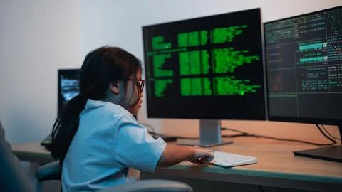 Young girl focused on coding and programming at computer desk with dual mon.. Stock Photos