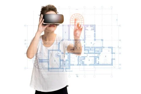 Young girl getting experience using VR headset glasses, creates project of the Foto stock