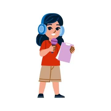 Young girl journalist reporting using microphone and clipboard Stock Illustration