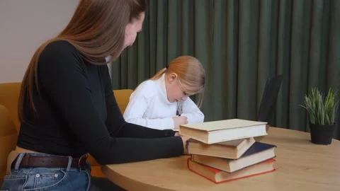 Young girl learning with teacher using laptop and books Stock Footage 317815324