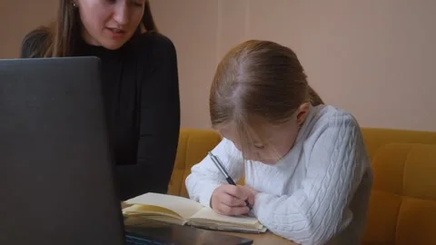 Young girl learning with teacher using laptop and books Stock Footage 317815445