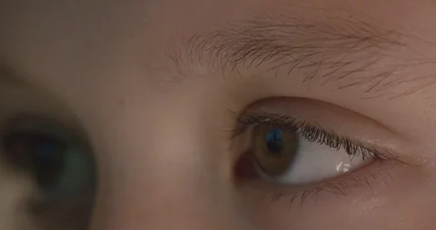 Young girl looking at a computer screen with computer reflections in her eyes Video stock 96486474