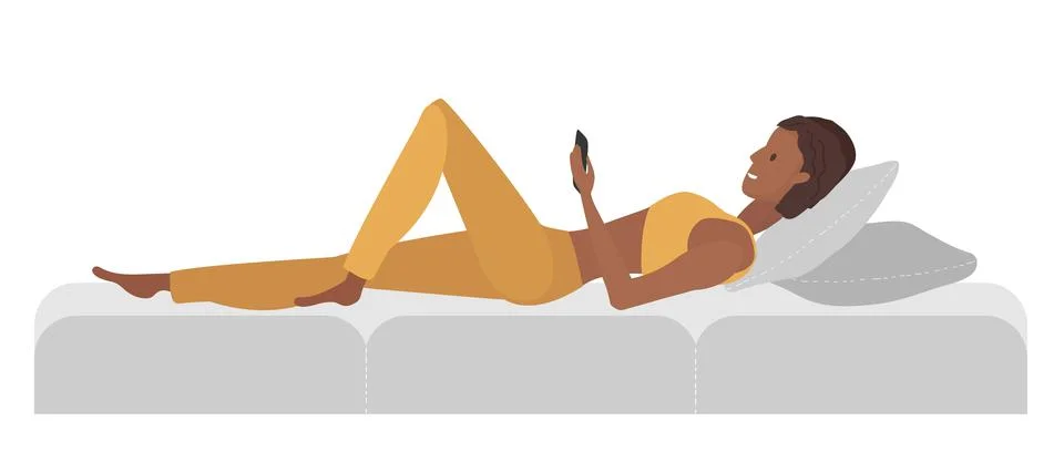 Young girl lying on couch and looking into phone. Day rest. Woman in domestic Stock Illustration