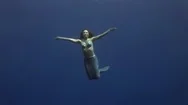 Young Girl Model Underwater Mermaid Costume On Blue Background Poses In Red Sea. Stock Footage