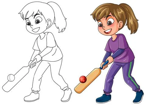 Young Girl Playing Cricket Vector Illustration in Color and Line Art Stock Illustration