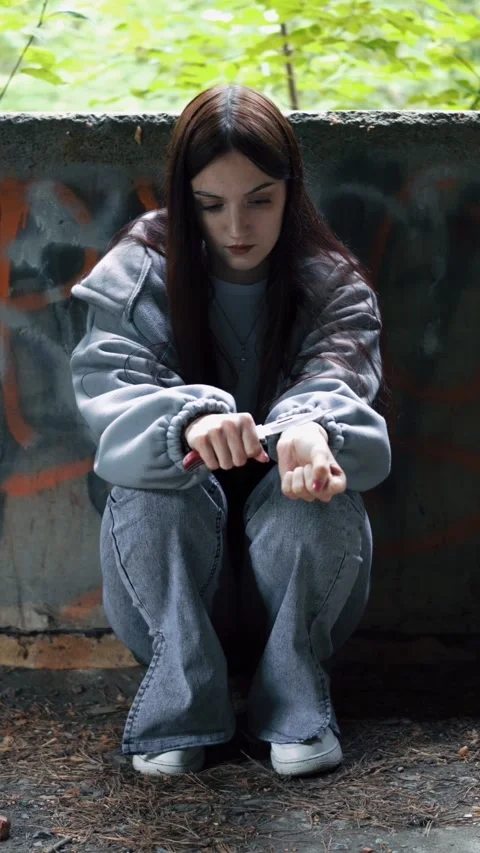 A young girl is preparing to commit suicide by cutting her wrists with a knife. Stock-Footage 313171435