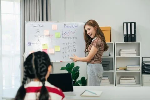 Young girl presenting math problems and business chart on whiteboard in mod.. Stock Photos