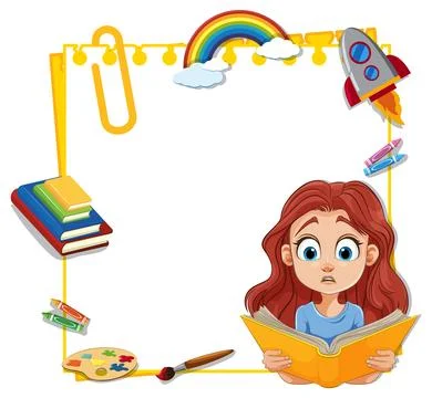 Young Girl Reading with Creative Elements Stock Illustration