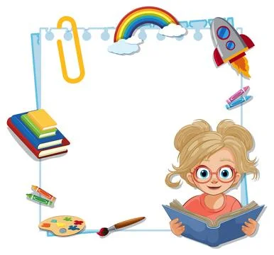Young Girl Reading with Creative Elements Stock Illustration