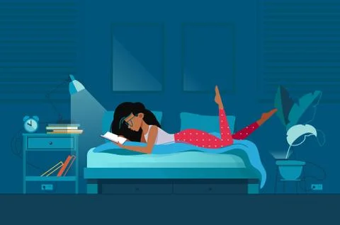 Young girl reads book under light of lamp in the bedroom. Stock Illustration