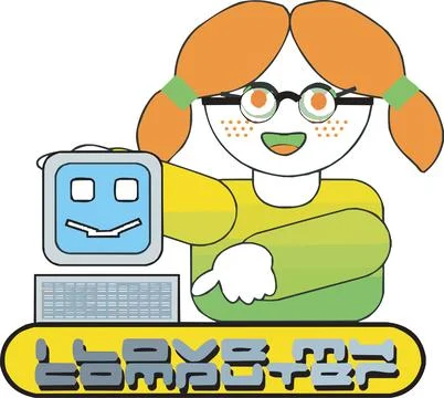 Young Girl with Robot and Computer, Coding Education Concept Ilustração Stock