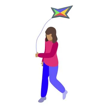 Young girl running with kite on string in sky enjoying summer hobby Illustrazione stock