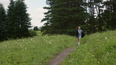 Young girl running on a path through a meadow Stock Footage 315486865