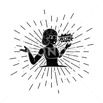 Young girl says wow with sun rays grunge vintage vector illustration Stock Illustration