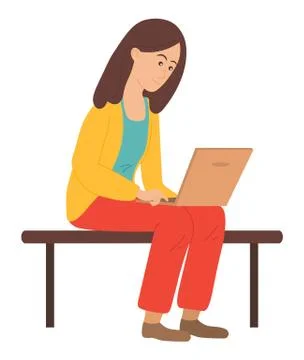 Young girl sits on bench and uses laptop. Surfing the internet. Flat vector Stock Illustration