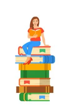 Young girl student sits on stack of giant books Stock Illustration
