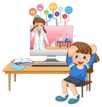 Young girl studying in front of computer イラスト素材