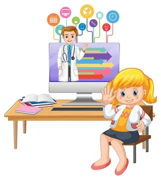 Young girl studying in front of computer Stock Illustration