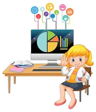 Young girl studying in front of computer イラスト素材