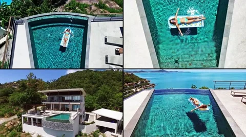 Young girl swims in the pool. Aerial view of woman on air mattress Stock Footage 59774683
