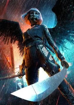A young girl with two katanas stands in the middle of rainy city on the roof  Stock Illustration