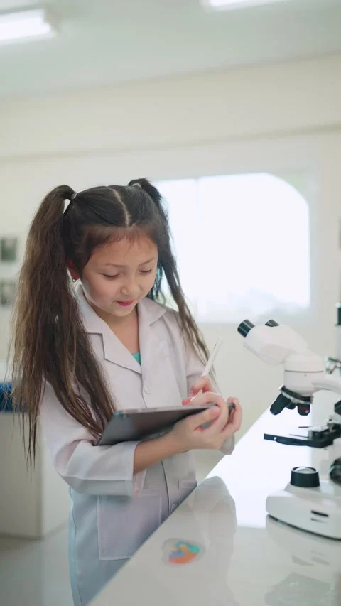 Young girl uses microscope during lab activity Stock Footage 343511145