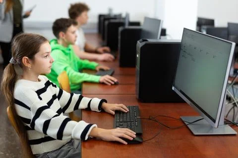 Young girl using computer during lesson 库存照片